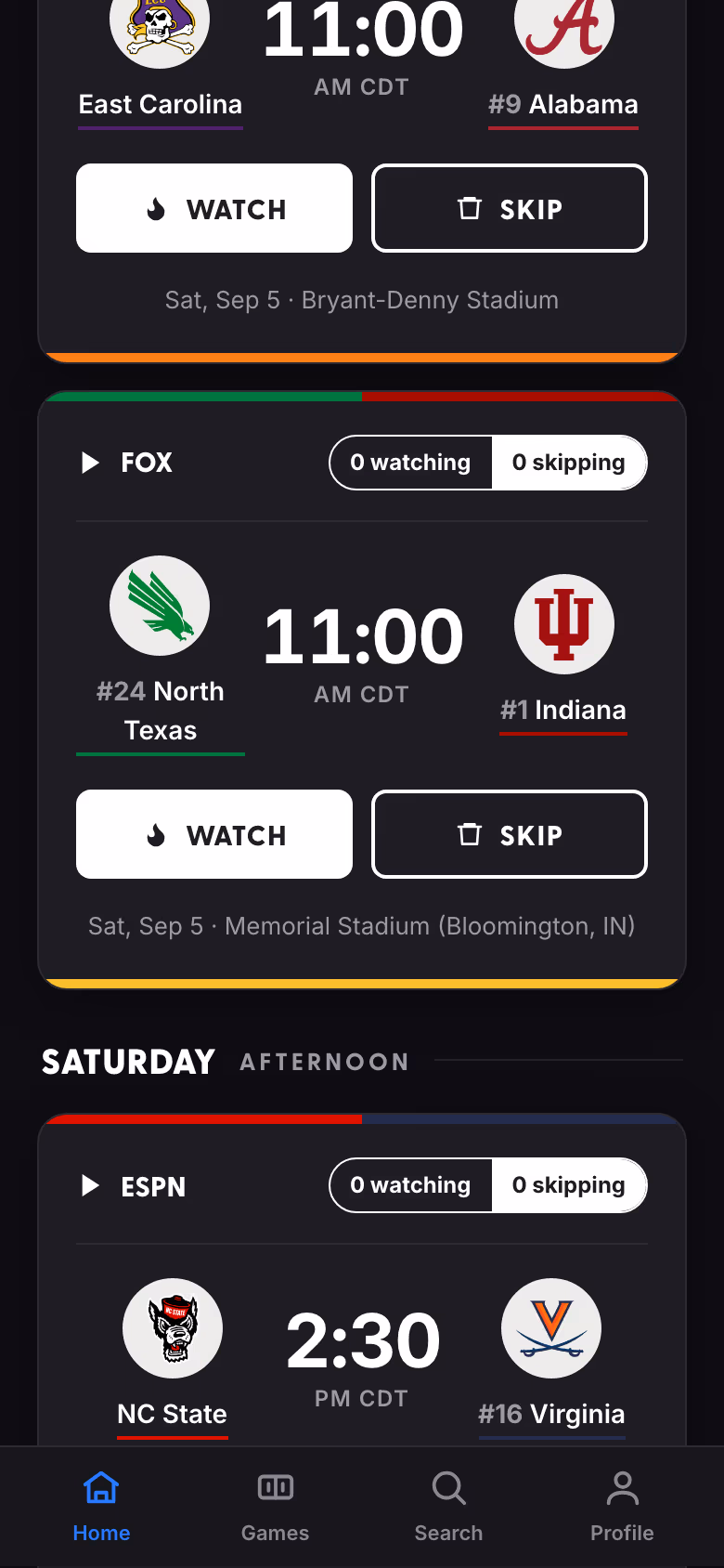 Game cards with rankings, kickoff times, networks, and watch or skip actions