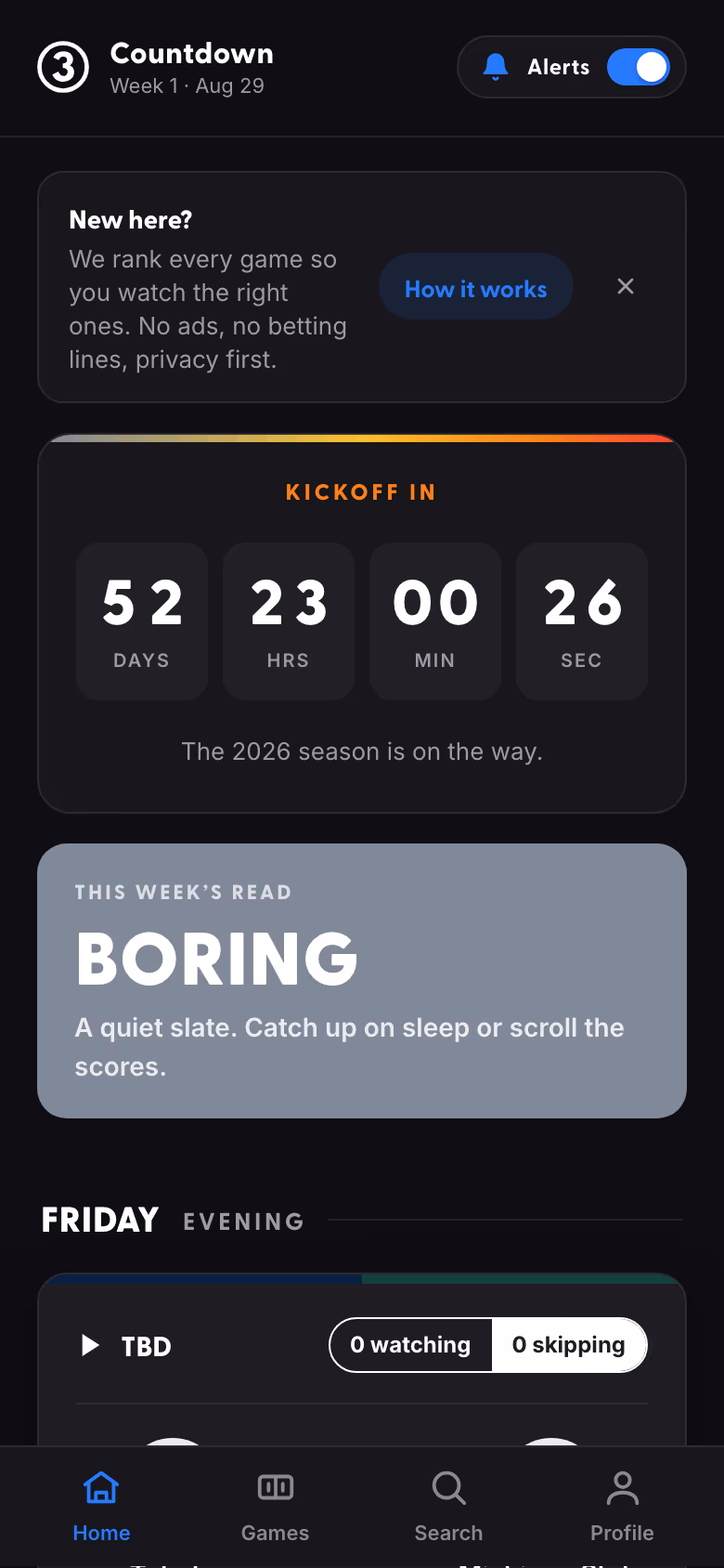 Cover Three home screen — kickoff countdown, this week's read, and the upcoming slate