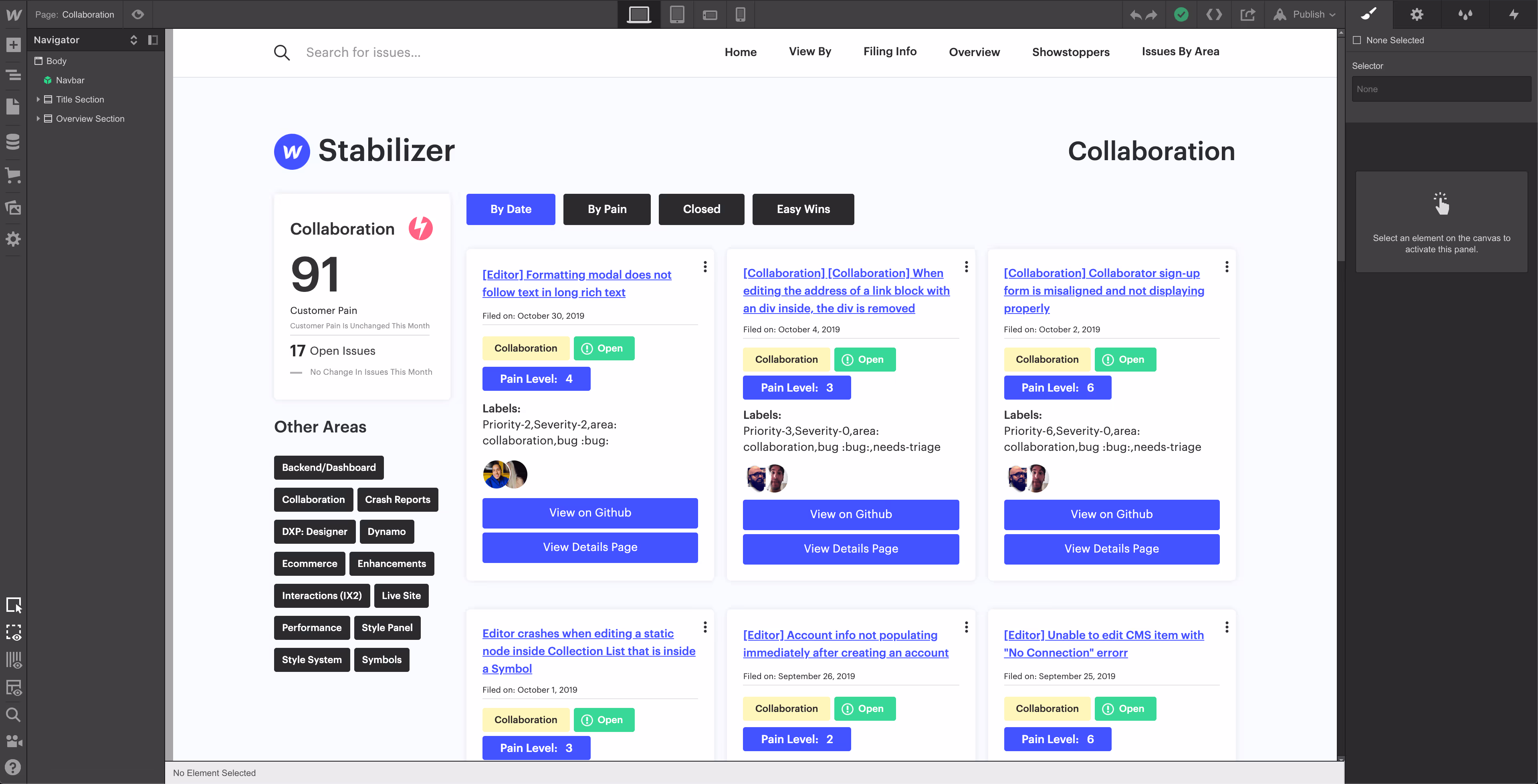 Stabilizer collaboration board, built in the Webflow Designer