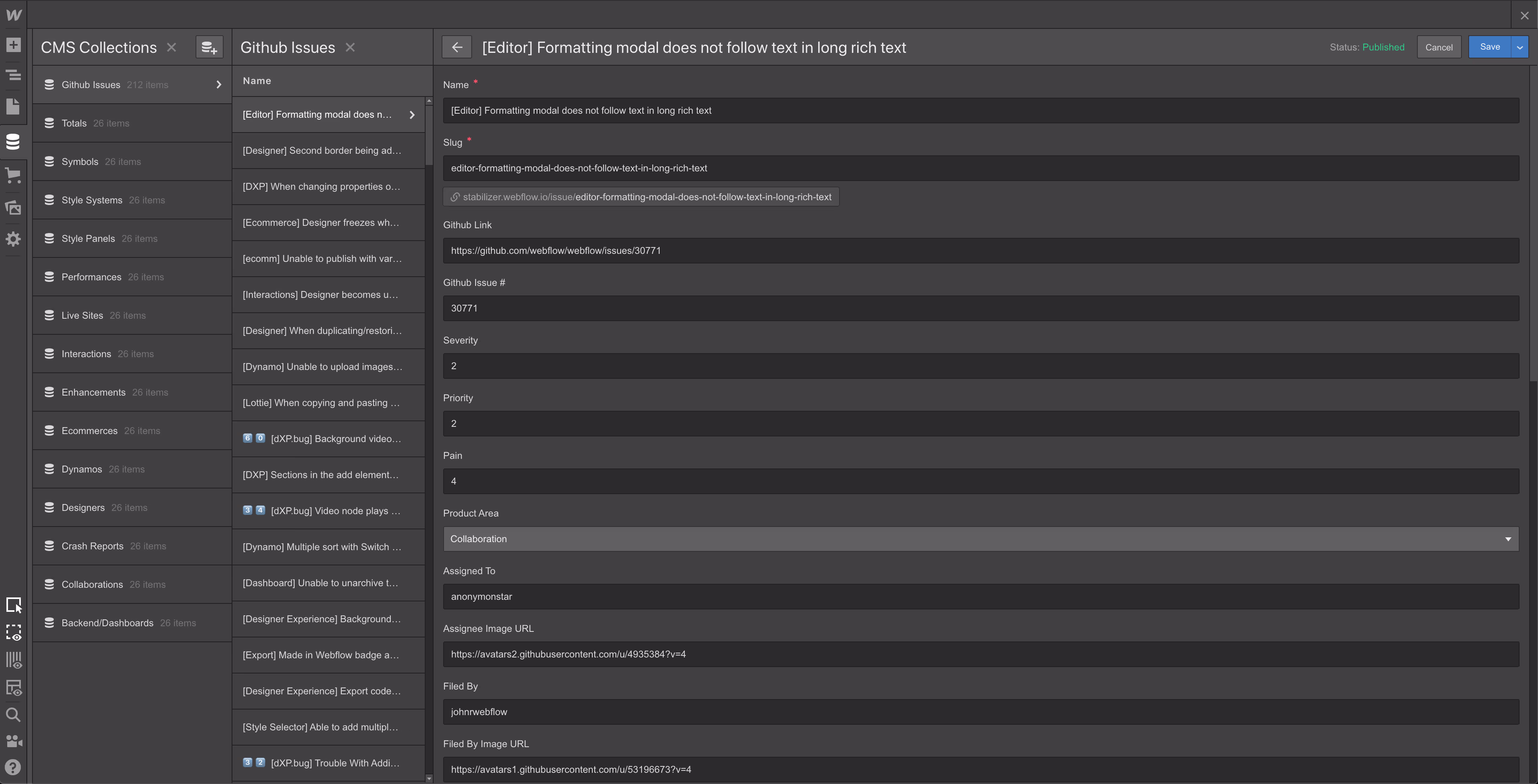 GitHub issues synced into the Webflow CMS
